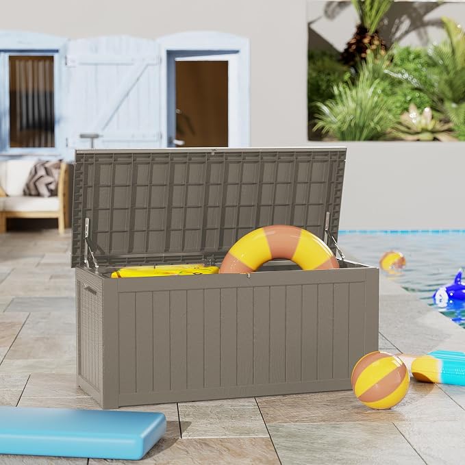 Outdoor Storage Box, 270 Gallon Waterproof Deck Box, Super-Sized Gas-Spring Resin Trunk for Large Seat Pillows, Heavy-Duty Lockable Backyard Storage Sofa, Garden Lawn, Grey