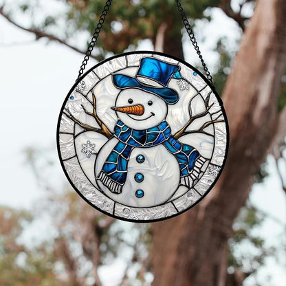 DASTOLL Stained Glass Window Hanging 4 Pcs Set White Winter Christmas Snow Scene Large 15" - Suncatcher Door Garden Sun Catcher Decor Birthday for Mom Woman Nana Men Friend Wife