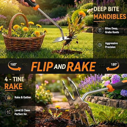Weed Puller Tool, 2-in-1 Hand Weeder and Root Remover, Heavy Duty Stainless Steel Weeding Tool for Deep Roots, Ergonomic Garden Weed Pulling Tool for Lawn and Yard - Orange