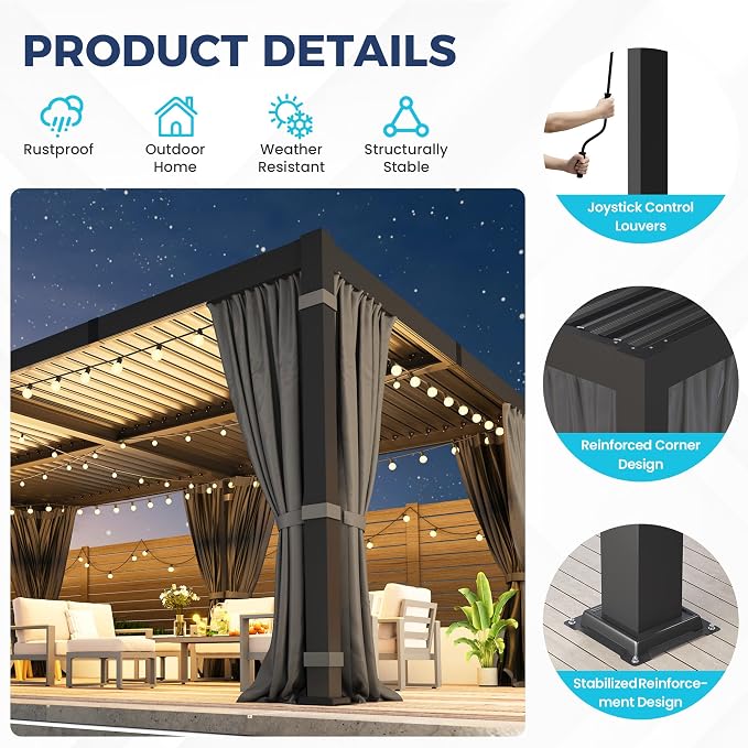 12' x 20' Louvered Pergola, Aluminum Frame Outdoor Pergola with Curtains & Netting, Adjustable Louvered Roof & Integrated Gutter System, Hardtop Patio Gazebo for Backyard, Patio, Garden, Dark Gray