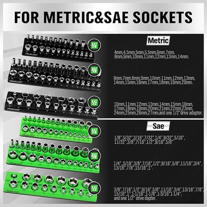 Magnetic Socket Organizer Set, 6-piece 1/4", 3/8", 1/2" SAE & Metric Sockets Holder, Drive Socket Trays, Storage Tool Box, Holding 143 Slots, Soft Rubber Covering Black Green Tools