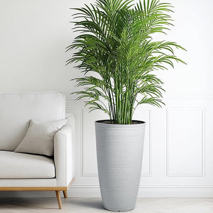 2-Pack 23.5" White Plastic Tall Tapered Planters with Ribbed Texture | Set of 2 PP tall planters with white faux terrazzo look, ribbed texture, drainage plugs, and UV-treated finish for porch