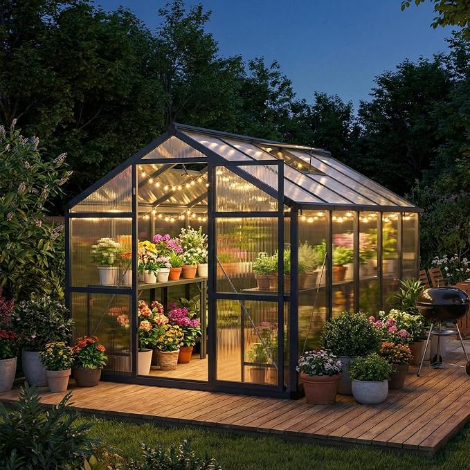 Garvee 8x10ft Walk-in Greenhouse, Heavy Duty Large Outdoor Green House | Polycarbonate Garden Greenhouse with Roof Vent, Lockable Outward-Opening Swing Door & Aluminium Frame for Backyard, Grey