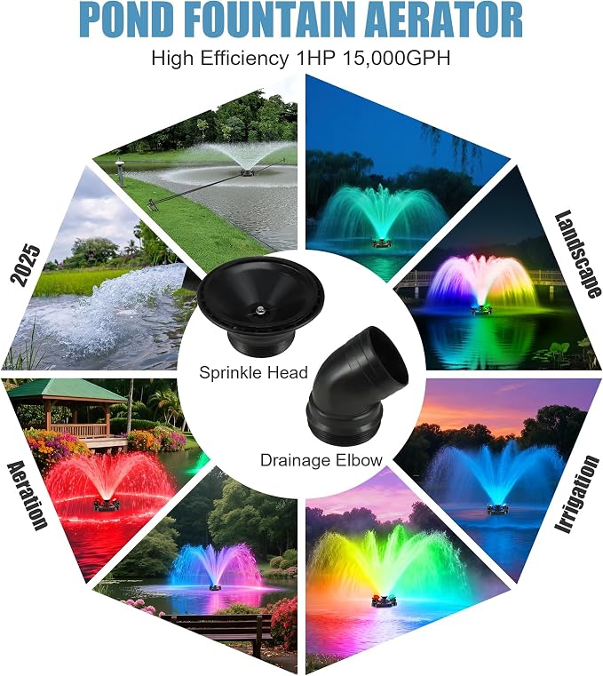 Goldlife Pond Fountain Aerator, F3 With 4 RGB Lights, 1HP 750W 110V Stainless Steel Floating Fountain With 100FT Power Cord Black Octagon Aerating Fountain Pump for Small Large Pond Lake