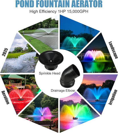 Goldlife Pond Fountain Aerator, F3 With 4 RGB Lights, 1HP 750W 110V Stainless Steel Floating Fountain With 100FT Power Cord Black Octagon Aerating Fountain Pump for Small Large Pond Lake