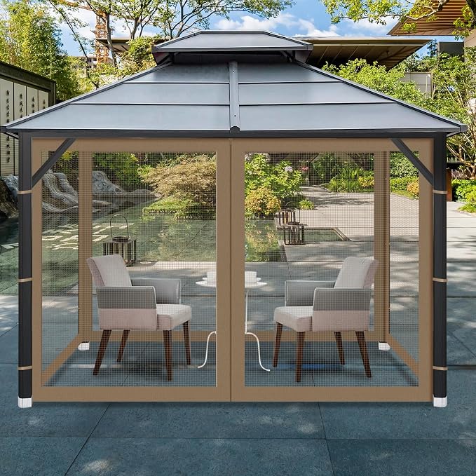 Gazebo Universal Replacement Mosquito Netting, Outdoor Mesh Netting Screen 4-Panel Sidewall with Zipper for Patio, Canopy, Garden and Backyard, Gray(Mosquito Net Only) (Khaki, 10' x 12')