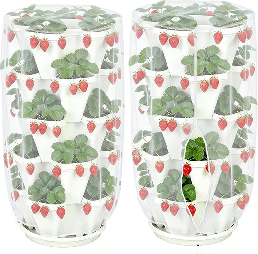 24"x40"Vertical Plant Pot Insect Netting with Zipper for Strawberry Planter | 2 Pcs Stackable 5 Tier Planter Pot Insect Mesh Protection for Herb Flower Fruit Vegetable, Front and Rear Two Zippers