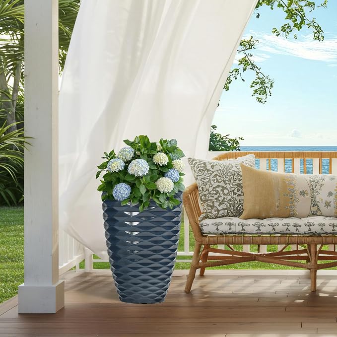 2-Pack 19" Glossy Navy Blue Resin Tall Planters with Wave Texture | Set of 2 resin tall planters with glossy navy blue wave texture, drainage plugs, and UV-resistant finish for porch or patio