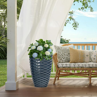 2-Pack 19" Glossy Navy Blue Resin Tall Planters with Wave Texture | Set of 2 resin tall planters with glossy navy blue wave texture, drainage plugs, and UV-resistant finish for porch or patio