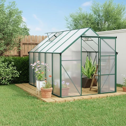 6x10 FT Greenhouse, Walk-in Polycarbonate Greenhouses with Sliding Doors, Aluminum Frame, Adjustable Roof Vent, Raised Base & Anchor, Outdoor Backyard Greenhouse for All Seasons, Green