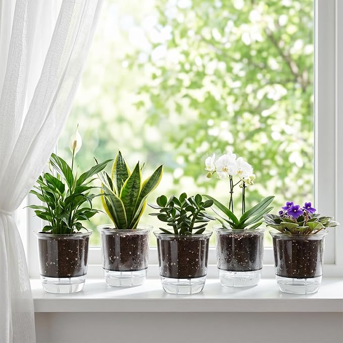 Self Watering Pots Set, 5 Pack 5 Inch Self Watering Pots for Indoor Plants, Clear Planter Pot with Deep Reservoir for Spider Plant, Orchid, African Violet (5Pcs Large)