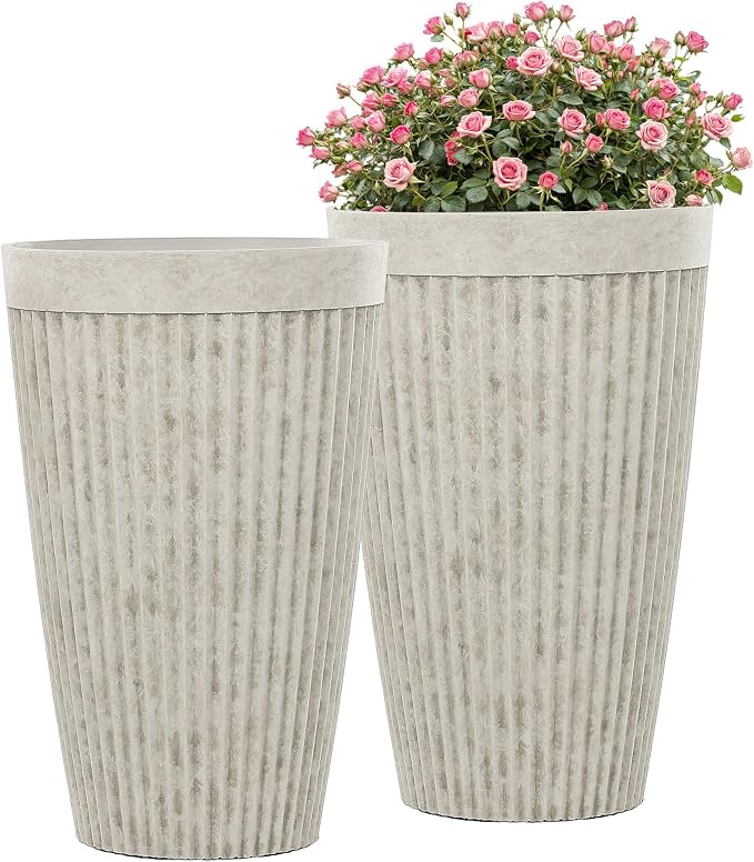 2-Pack 20" Vintage Ivory Resin Tall Planters with Fluted Texture | Set of 2 resin tall planters with fluted texture, drainage plugs, and UV-resistant finish for porch, patio, or garden.