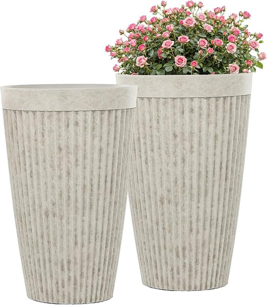 2-Pack 20" Vintage Ivory Resin Tall Planters with Fluted Texture | Set of 2 resin tall planters with fluted texture, drainage plugs, and UV-resistant finish for porch, patio, or garden.