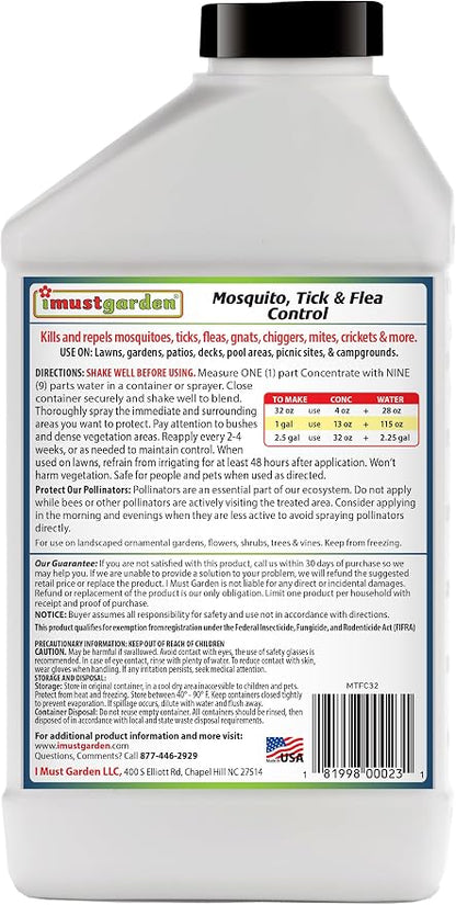 I Must Garden Outdoor Yard Spray Concentrate: Kills & Repels Mosquitos, Ticks, Fleas, and Other Biting Insects – Powerful Blend of Natural Essential Oils – Safe for People, Pets & Plants – 32oz