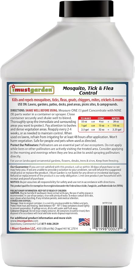 I Must Garden Outdoor Yard Spray Concentrate: Kills & Repels Mosquitos, Ticks, Fleas, and Other Biting Insects – Powerful Blend of Natural Essential Oils – Safe for People, Pets & Plants – 32oz