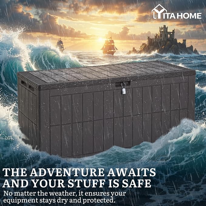 YITAHOME 134 Gallon Large Outdoor Storage Box with Lock | Waterproof Deck Box with Hydraulic Piston for Garden Tools, Pool Accessories & Cushions, Resin Deck Organizer with Bench Seat