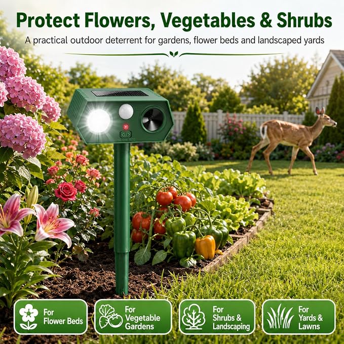 2026 Sonic Fortress Pro Deer Repellent Device,4Pack Solar Ultrasonic Animal Repellent with Motion Sensor&Flash Light for Squirrel Raccoon Rabbit Repellent for Flower Bed,Plants,Vegetables Yard(4 Pack)