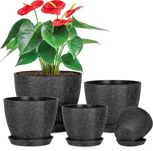 5 Pcs Plant pots, 7.5/6.5/5.7/4.9/4.1 inch Pots for Plants, Flower Pot Indoor Modern Decorative Plant Pot, Plant Pots Indoor with Drainage and Saucer for All House Plants (Drainage Set of 5 Black)