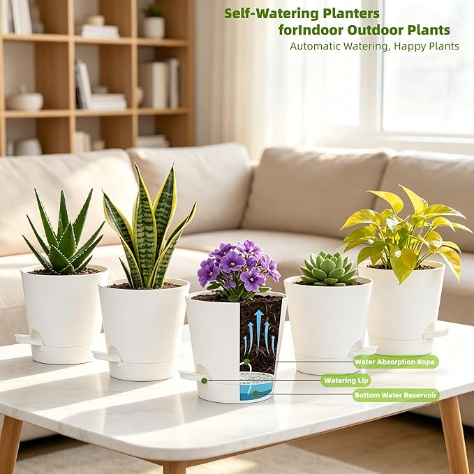 5 Pack 5 Inch African Violet Pots Self Watering, Self-Watering Planters with Drainage Holes & Reservoir, White Plastic Pots for Indoor Outdoor Plants, Succulents & Flowers