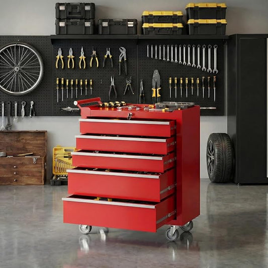 Rolling Tool Box with Wheels – 5 Drawer Heavy Duty Tool Chest Cabinet, Lockable Portable Storage Organizer with Drawer Liners, Mobile Mechanic Toolbox for Garage, Workshop, Shop, Easy Assembly, Red