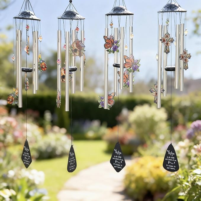 YU FENG Cross Memorial Wind Chime, Lily Flower Crystal Suncatcher | 34 Inch Outdoor Metal Chime, Religious Sympathy Gift, Remembrance Decor For Loss Of Loved One, Garden Patio Hanging