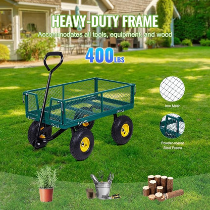 Backyard Expressions Heavy-Duty Steel Garden Cart – 400 lb Capacity, Removable Mesh Sides, Flatbed Convertible Yard Wagon with 10" Pneumatic Tires