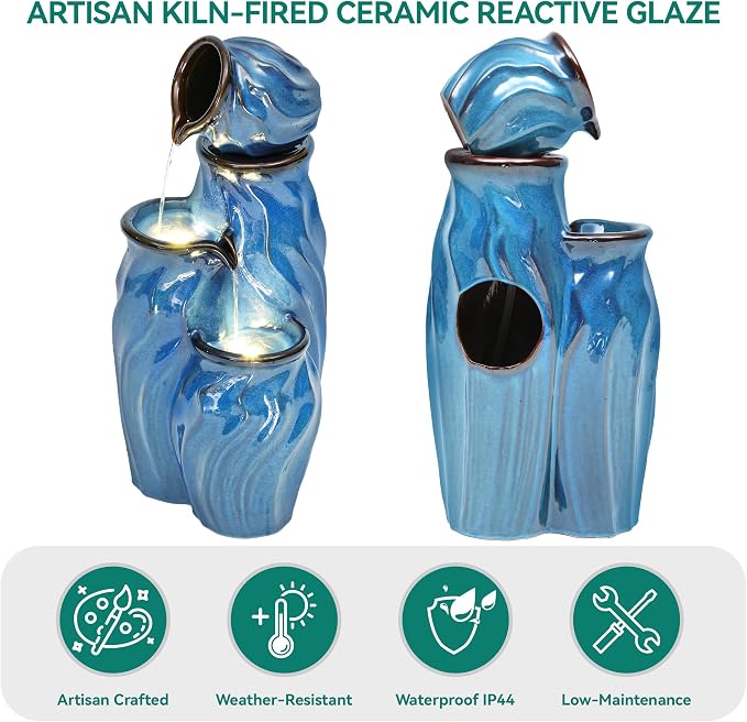 29" Outdoor Water Fountain, Stacked Pots Ceramic Outdoor Fountain | 4-Tier Waterfalls for Garden, Patio, Yard, or Porch Decor, Creating Relaxing Serene Oasis, Dynamic Wave-Texture, Turquoise