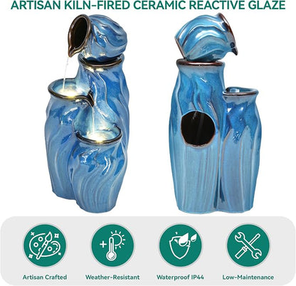 29" Outdoor Water Fountain, Stacked Pots Ceramic Outdoor Fountain | 4-Tier Waterfalls for Garden, Patio, Yard, or Porch Decor, Creating Relaxing Serene Oasis, Dynamic Wave-Texture, Turquoise