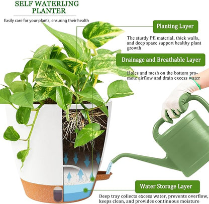 2 Pack 8 Inch Pots for Plants Indoor, Plastic Self Watering Planters with Drainage Holes, Water Level Indicator & Deep Reservoir, Decorative Flower Pots Indoor Outdoor Use (White