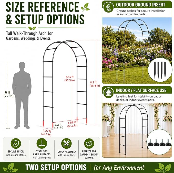 SUNLPH Thickness Metal Garden Arch Trellis for Climbing Plants, Rustproof, Black, 4.6x8.2 or 7.2x6.9 Ft, Wedding Arbor Archway for Bridal Party Flower Decoration