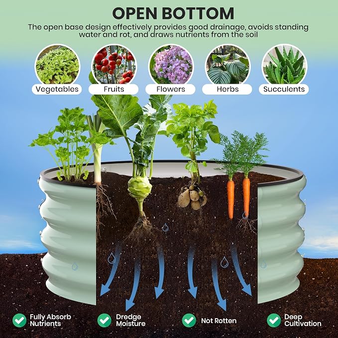Garvee Galvanized Raised Garden Bed, 2Pcs Raised Garden Beds Outdoor, Round Planter Raised Beds with Gloves and Rubber Edge Trim for Vegetables, Flowers and Herbs, 3x3x1 FT, Green