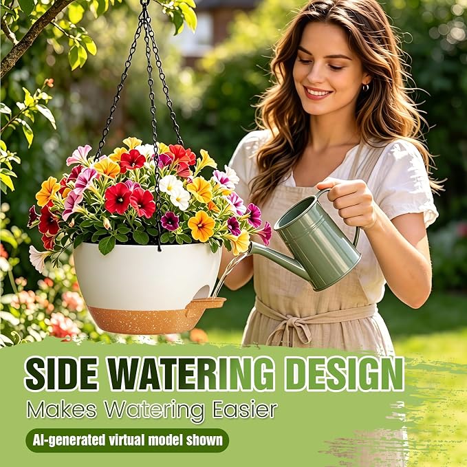 8 Inch Self Watering Hanging Planters Set of 3 with Saucers | Set of 3 8-inch self-watering hanging planters with side-fill watering ports, chain hangers & snap-on saucers