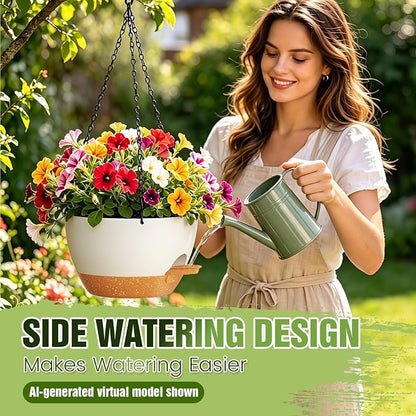 8 Inch Self Watering Hanging Planters Set of 3 with Saucers | Set of 3 8-inch self-watering hanging planters with side-fill watering ports, chain hangers & snap-on saucers