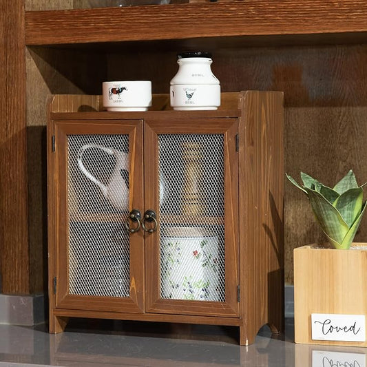 COLLECTIVE HOME - 2 Tiered Storage Cabinet, Countertop Cabinet, Wood Organizer for Kitchen Living Room Bedroom Bathroom Office with Magnetic Door, 15.75 x 14.5 x 6.5, Brown, 01