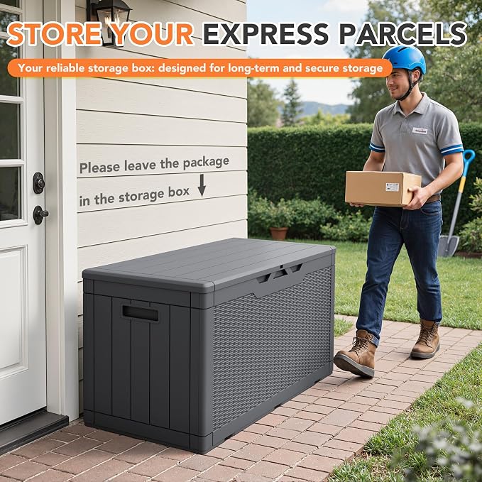 105 Gallon Deck Box Outdoor Indoor Waterproof Storage Box for Patio Furniture, Pool Accessories, Garden Tools, and Cushion Storage, Gray