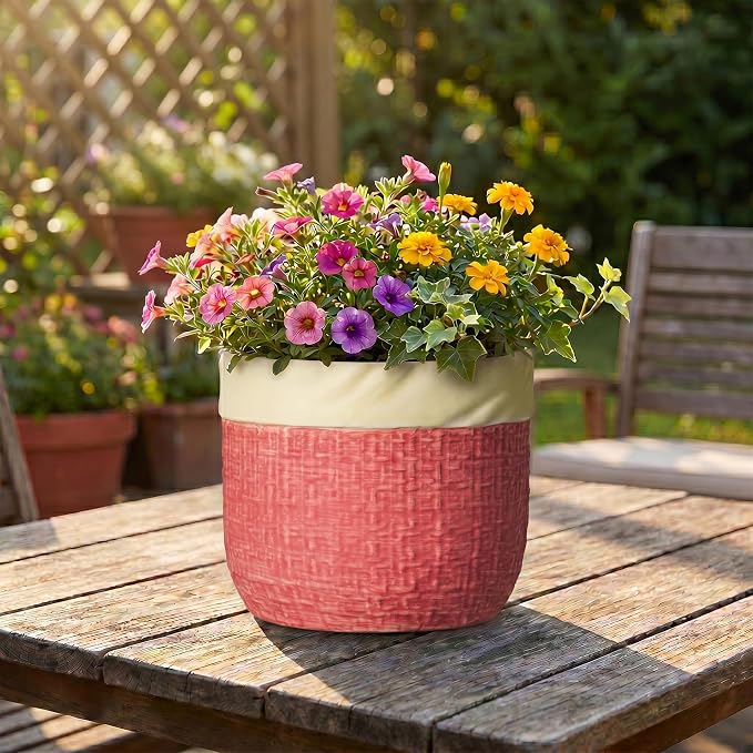 Ceramic Pots for Plants, 8 Inch Planter, Round Plant Pot, Red | Decorative Flower Pots with Drainage Hole, Boho Planter for Indoor Plants, Living Room Decor, Plant Gifts for Women