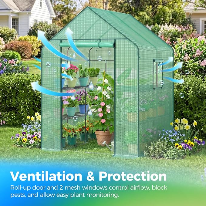 Ohuhu Greenhouse for Outdoors with Screen Windows, 57 x 57 x 76'' Walk in Plant Greenhouses Heavy Duty with Durable PE Cover, 3 Tiers 12 Shelves Stands Plastic Portable Green House with Shelf Clips
