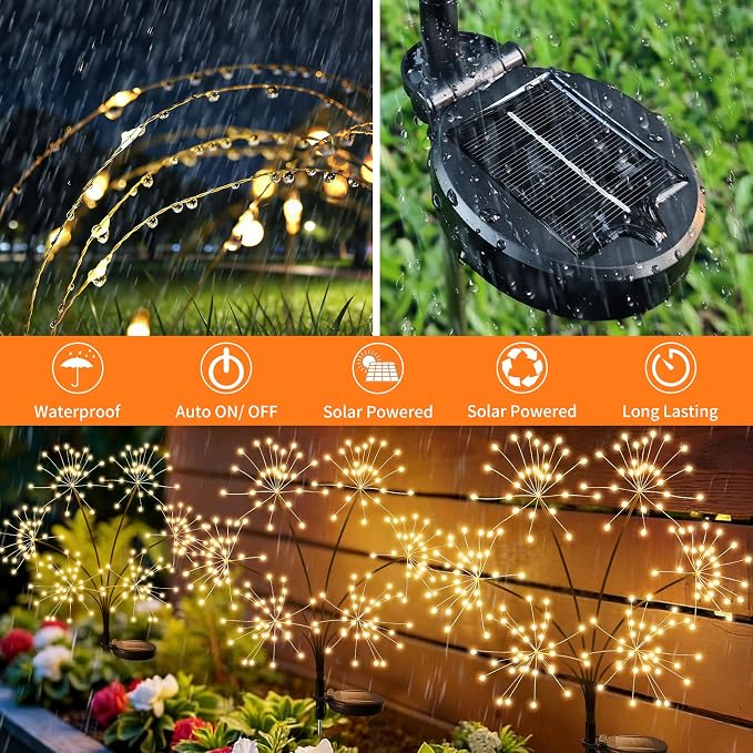 JJGoo 2 Pack Solar Garden Lights Outdoor Waterproof, New Upgraded 6 Branches Firework Starburst Lights with 2 Modes, Solar Fairy Lights for Yard Garden Patio Pathway Party Decor - Warm White