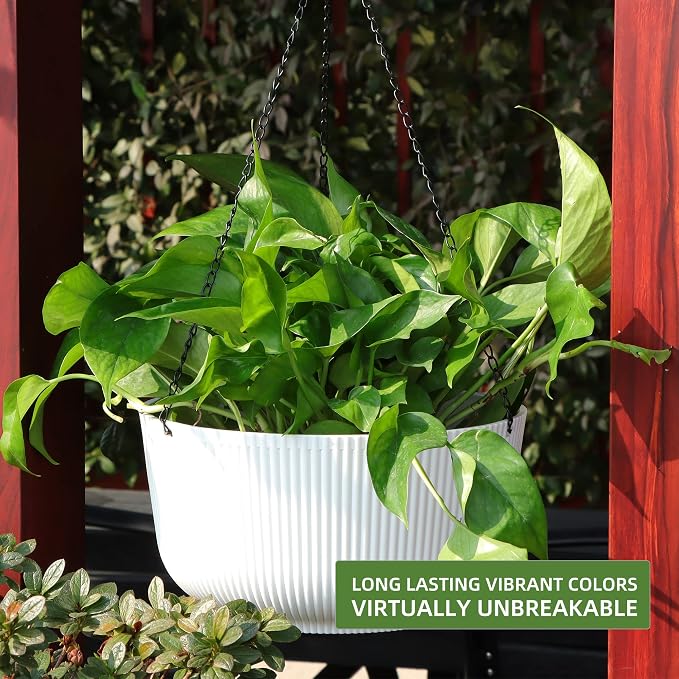 Dexceder 11.2 Inch Self Watering Hanging Planter (2 Pack, White) | Thickened Hanging Basket Flower Plant Pot Indoor Outdoor