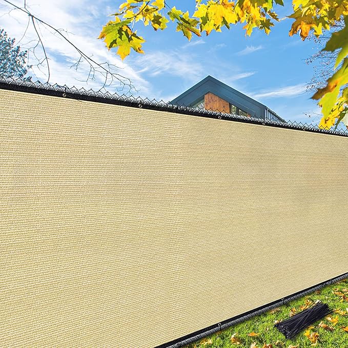 i COVER 6x12ft Privacy Screen Fence, Outdoor Fencing Panels, Garden Windscreen Mesh Shade Sail Net Barrier, Fence Privacy Screen Reinforced Bindings and Brass Grommets Cable Zip Ties, Sand