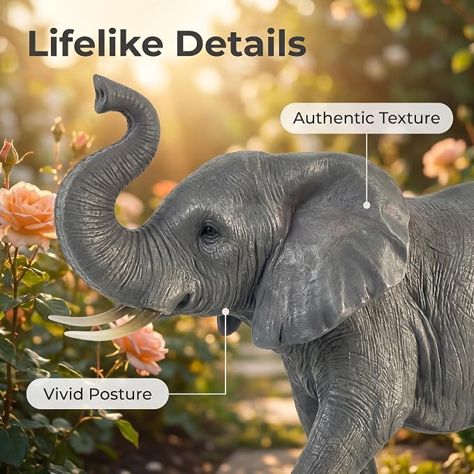 28" Large Elephant Garden Statue with Raised Trunk, Lifelike All-Weather Waterproof Resin Sculpture, Outdoor Yard Patio Lawn Decor, Lucky Feng Shui Ornament, Housewarming Gift