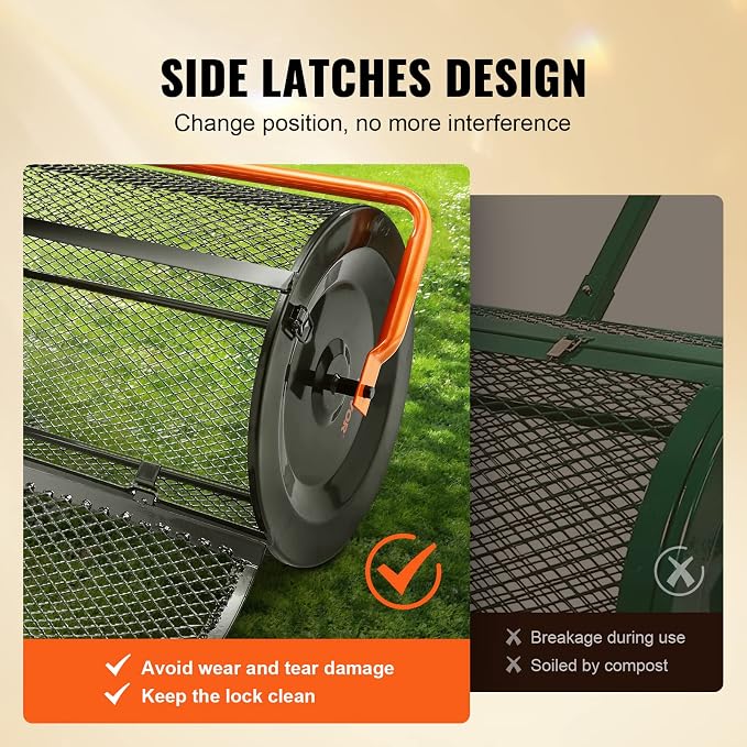 VEVOR Compost Spreader, 24.4-25.6" Height Adjustable Handle, 24" Wide, Lawn and Garden Peat Moss Roller with Side Latches, Powder Coated Steel Mesh Basket for Spreading Manure, Topsoil, Black | 24.4-25.6" Height Adjustable Handle, Powder Coated Steel M...