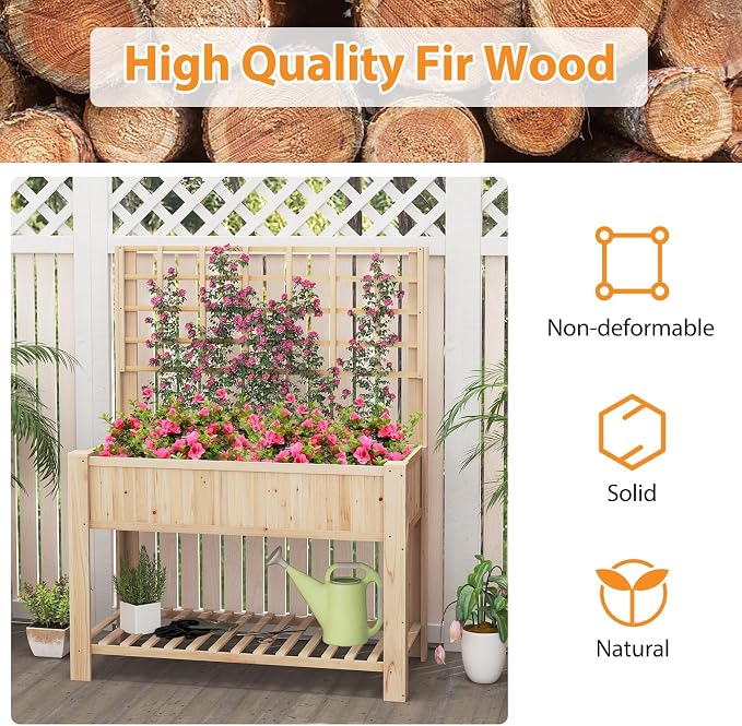 Giantex Raised Garden Bed with Trellis, Wooden Elevated Planter Box with Legs, Drainage Holes for Climbing Plants Vines Vegetables Flowers Herbs, Outdoor Horticulture Planter for Patio Backyard