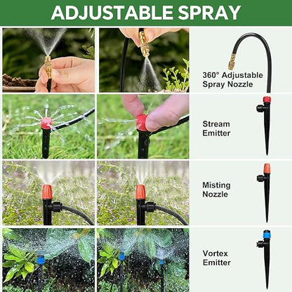 250FT Drip Irrigation System for Garden with 38pcs Adjustable Copper Nozzles & Emitters, Automatic Garden Watering System with 1/2" & 1/4" Tubing for Raised Bed, Yard, Greenhouse, Potted Plants, Lawn