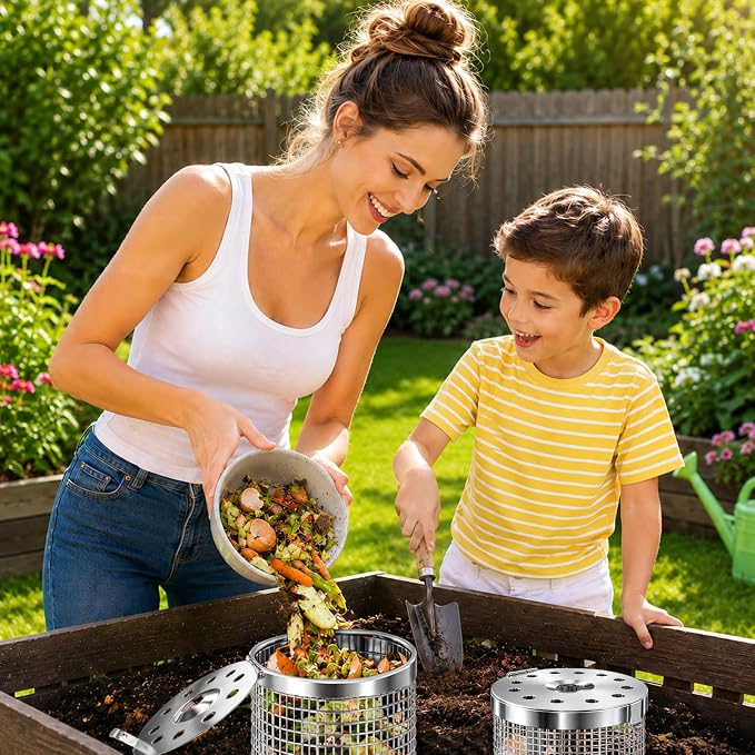 Worm Composter Worm Bin, Stainless Steel In Ground Compost Bin with Quick-Open Lid, Metal Worm Tower Composting System for Garden Beds, Underground Worm Farm, Outdoor Garden Vermicomposting Bin