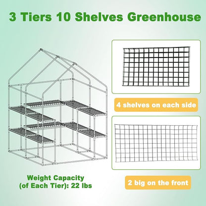 SUNGIFT Walk-in Greenhouse for Outdoors, 57x61x80 Inch Large Greenhouse, 3 Tiers 10 Shelves Mini Green House Kit with Observation Windows Roll-up Door Zipper, Plant Garden Hot House for Herbs, Flowers