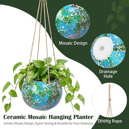 Hanging Planter Mosaic Garden Pot Small Flower Pot for Indoor Plant Disco Ball Hanging Planter with Drainage Green