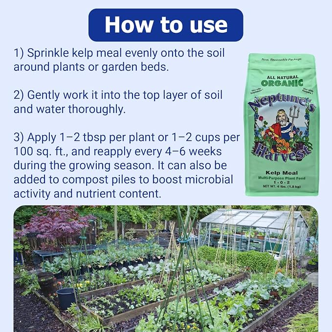 Neptune’s Harvest Organic Kelp Meal Plant Food (1-0-2) - 4 lb Resealable Bag - Multi-Purpose Seaweed Fertilizer - Indoor & Outdoor Plant Fertilizer for Lawns, Gardens, Vegetables & Bulbs