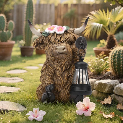Solar Highland Cow Garden Outdoor Statue,Cow Figurines Sculpture with LED Light,Farmhouse Decor,Patio Balcony Yard for Pasture & Farm Theme Mother's Day Housewarming Gift for Women Mom Grandma