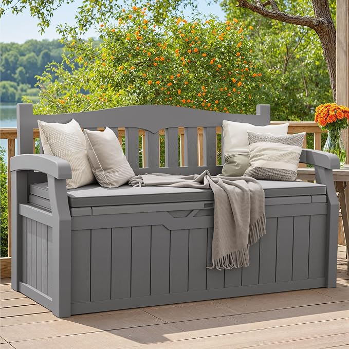 Greesum 80 Gallon Outdoor Storage Bench Deck Box with Cushion & Armrest, Lockable, Waterproof UV Resistant, Comfortable Seating for Patio, Pool, Garden, Grey